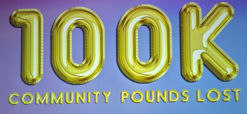 Image: Gold balloons spelling out 100 K Community Pounds Lost