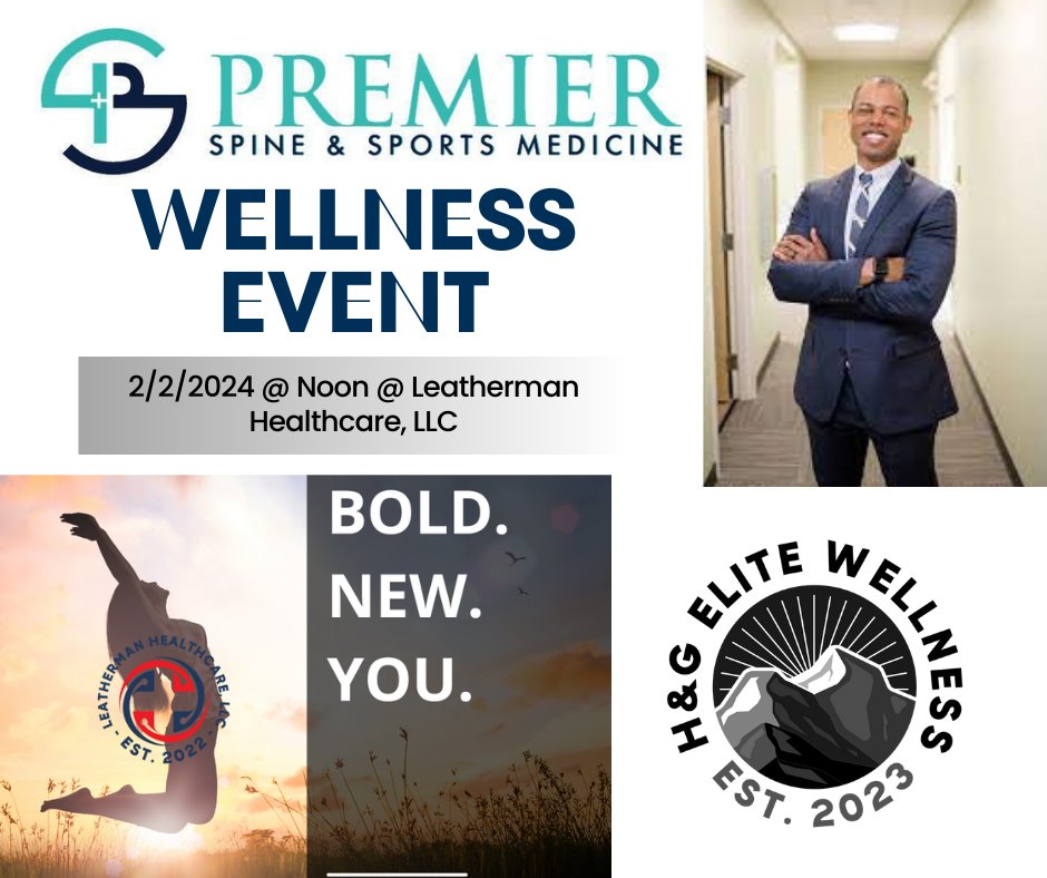 image of logos for premier spine & sports medicine, H&G elite Wellness, and Leatherman Healthcare. photo of Dr. Christopher Clark, with Premier Spine and Sports Medicine. second photo of a women jumping up in the air.