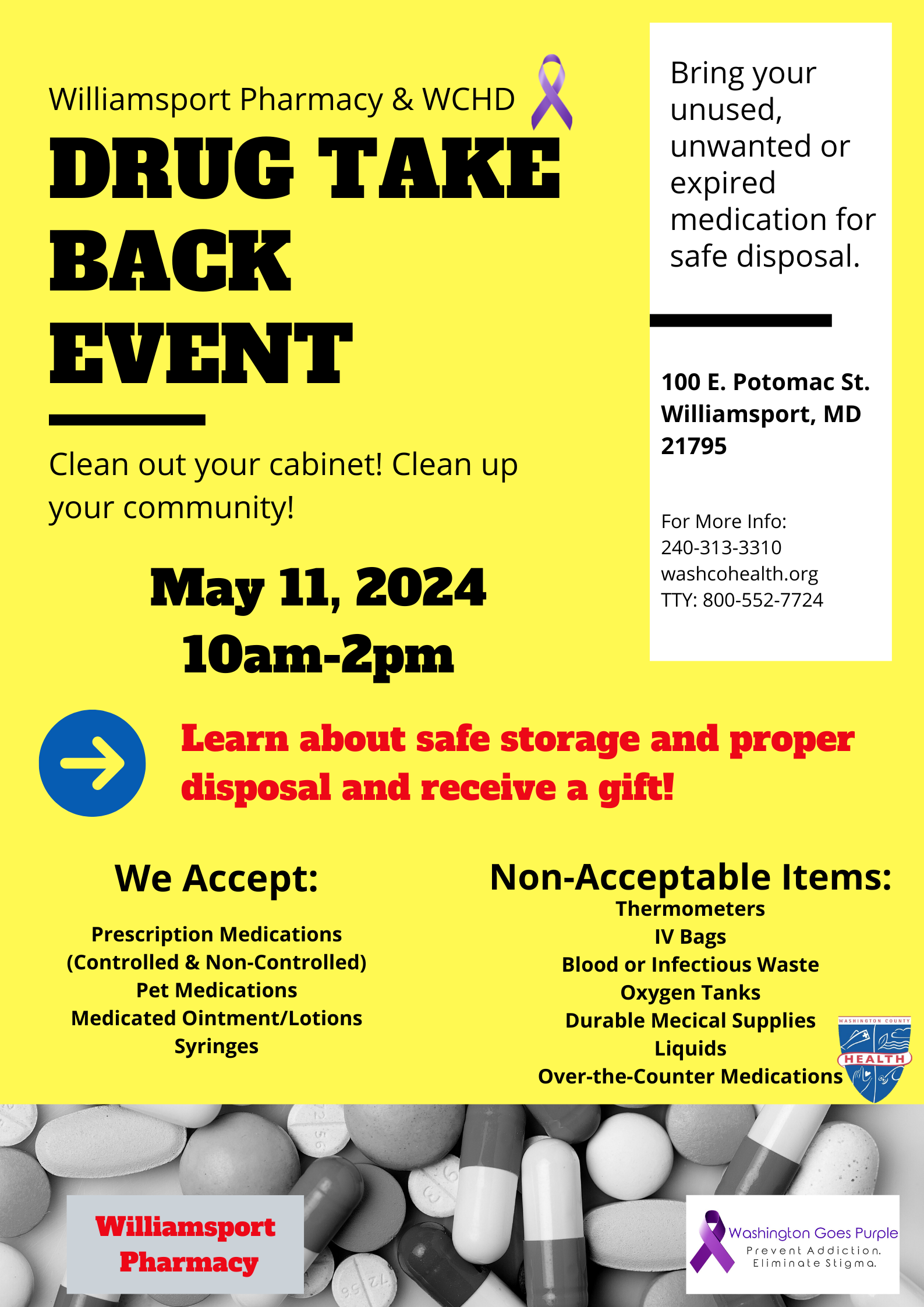 Image: Drug Take-Back event promotional flyer; event details are in the calendar post