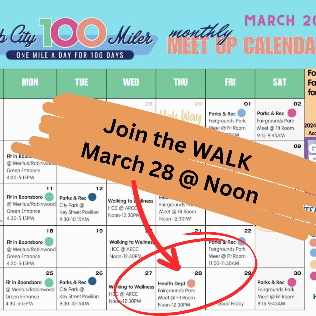 Image: Hub City 100 Miler Meet-Up March 2024 calendar art; red arrow pointing to March 28 which is circled in red; Text: Join the WALK, March 28 @ Noon
