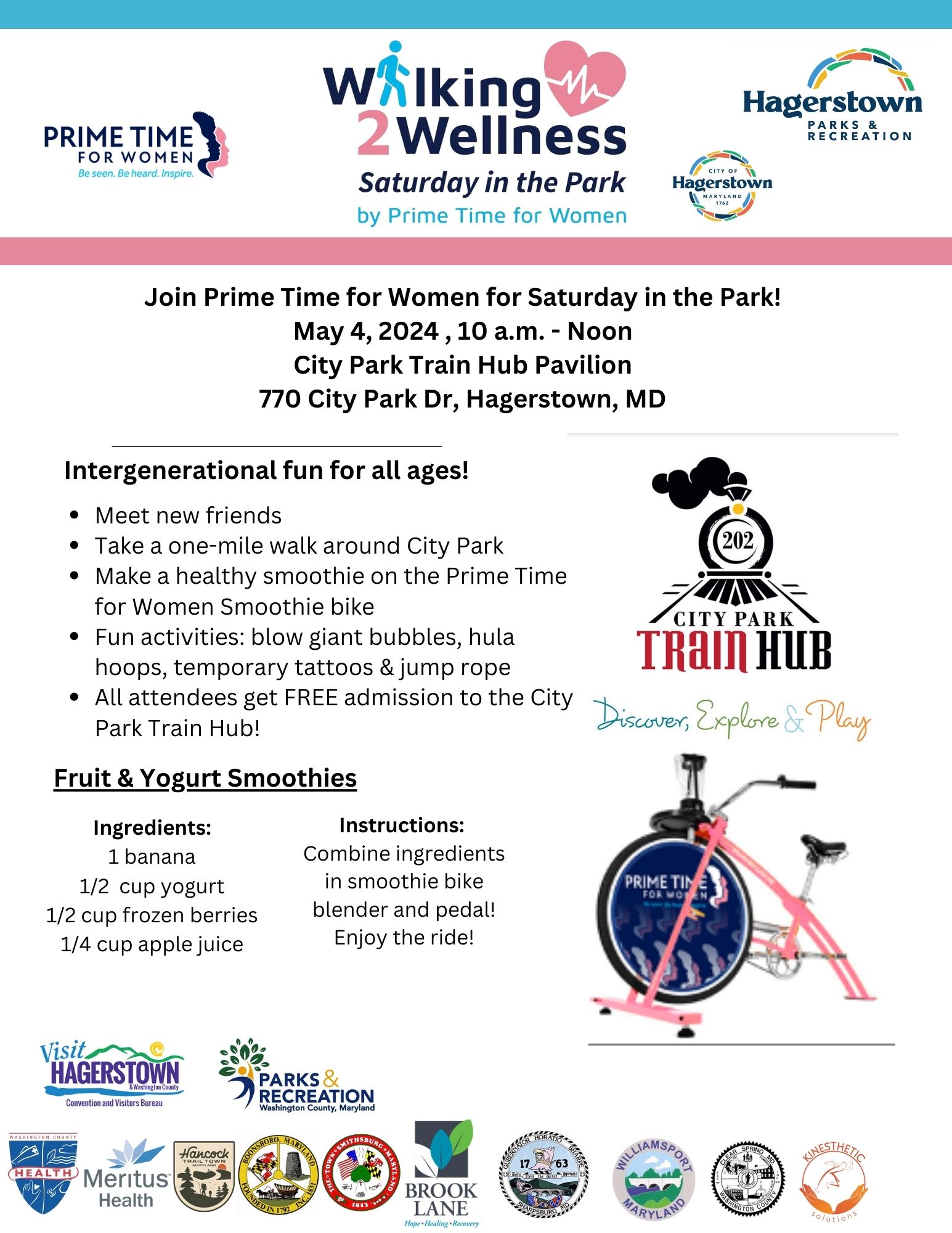 Image: Saturday in the Park event promotional flyer; logos of all sponsors including the health department; Illustrations of City Park Train Hub and Prime Time for Women smoothie bike; Text: Event is May 4, 10 a.m.-noon; City Park Train Hub Pavilion in Hagerstown; list of fun, intergenerational activities; fruit and yogurt smoothie recipe.
