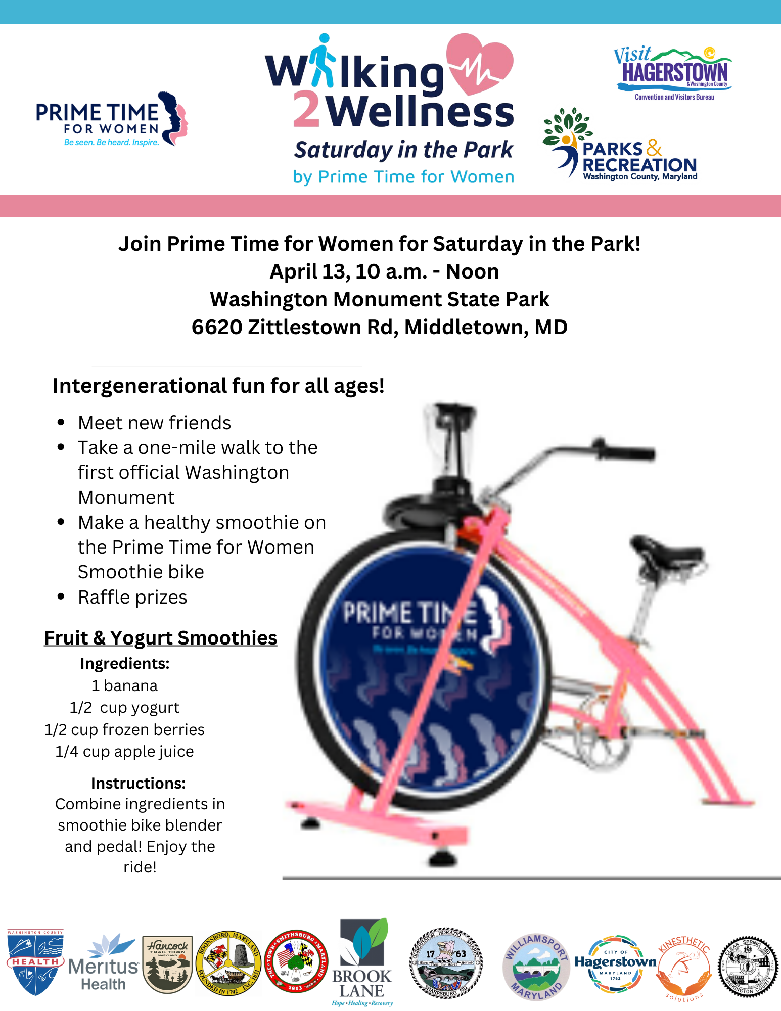 Image: White box with illustration of smoothie bike; logos for main sponsor: Prime Time for Women and multiple additional sponsors; Text: April 13, 10 a.m.-Noon, Washington Monument St. Park, Middletown; list of activities taking place; fruit and yogurt smoothie recipe included.