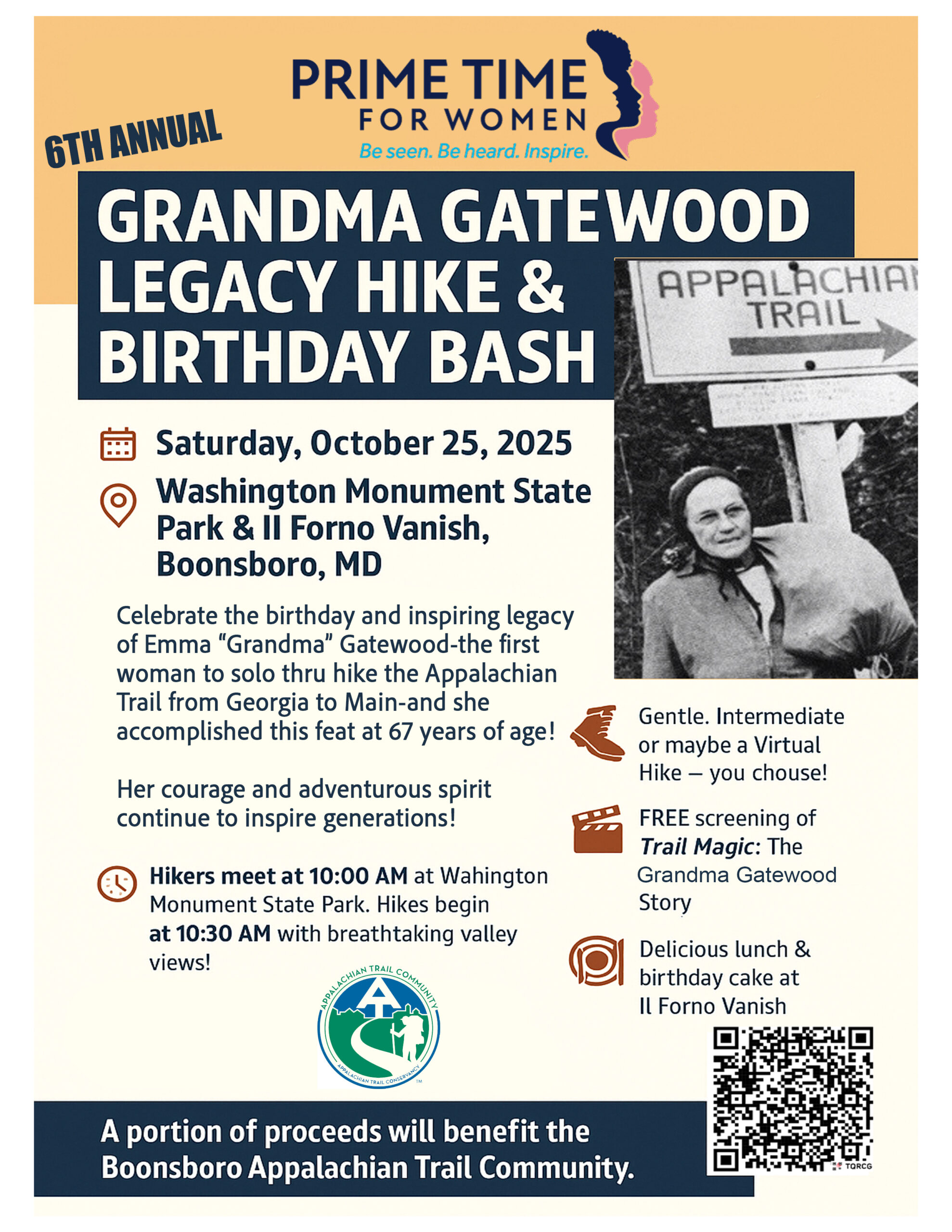 Celebrate the birthday and inspiring legacy of Emma "Grandma" Gatewood- the first women to solo thru hike the Appalachian Trail from Georgia to Main- and she accomplished this feat at 67 years of age! Her courage and adventurous spirit continue to inspire generations! Hikers will meet at 10 a.m. at the Washington Monument State Park. Hike begins at 10:30 a.m. with breathtaking valley views. After the hike join for the Birthday Bash back at II Forno Vanish for a FREE showing of "Trail Magic: The Grandma Gatewood Story", an inspiring documentary of the woman who saved the Appalachian Trail. Following the movie enjoy a casual lunch in a family friendly space featuring pizza, chicken wings, and salad...and of course, Birthday Cake! A portion of the proceeds will benefit the Boonsboro Appalachian Trail Community.