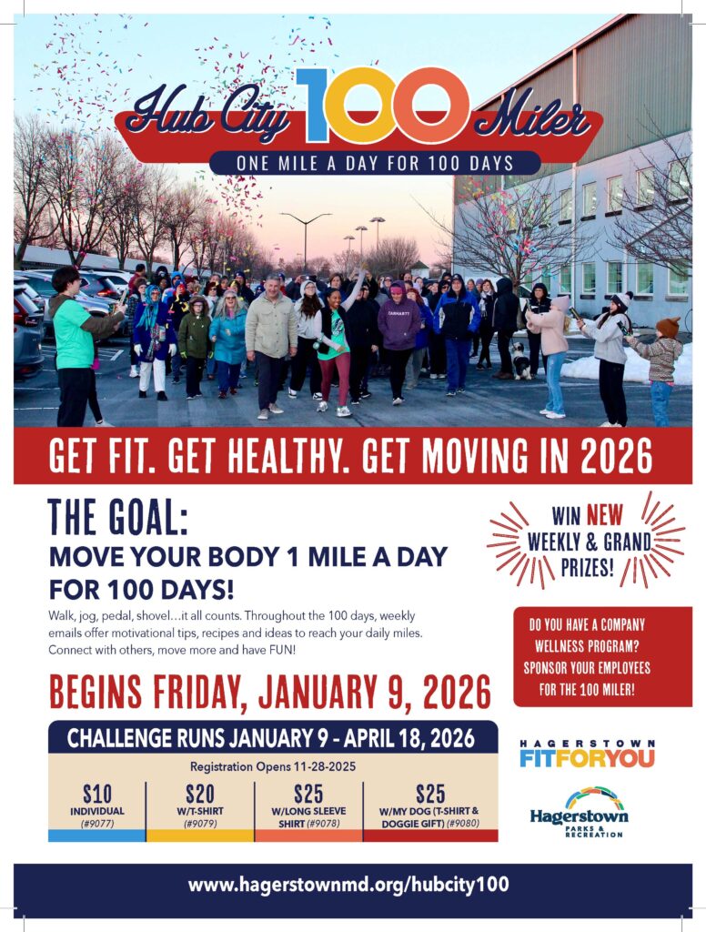 FIT FOR YOU 2026! January 9, 2026- April 18, 20026 The goal: Walk/run 1 mile a day for 100 days. You can get fit and healthy at home or outdoors! Aerobic activities such as yoga, biking, or zoom fitness classes count as "miles." Throughout the 100 days, weekly emails offer motivational tips, recipes, and ideas to reach your daily miles. Plus, you'll be invited to join a private Facebook group to share your experience with other 100 Milers!