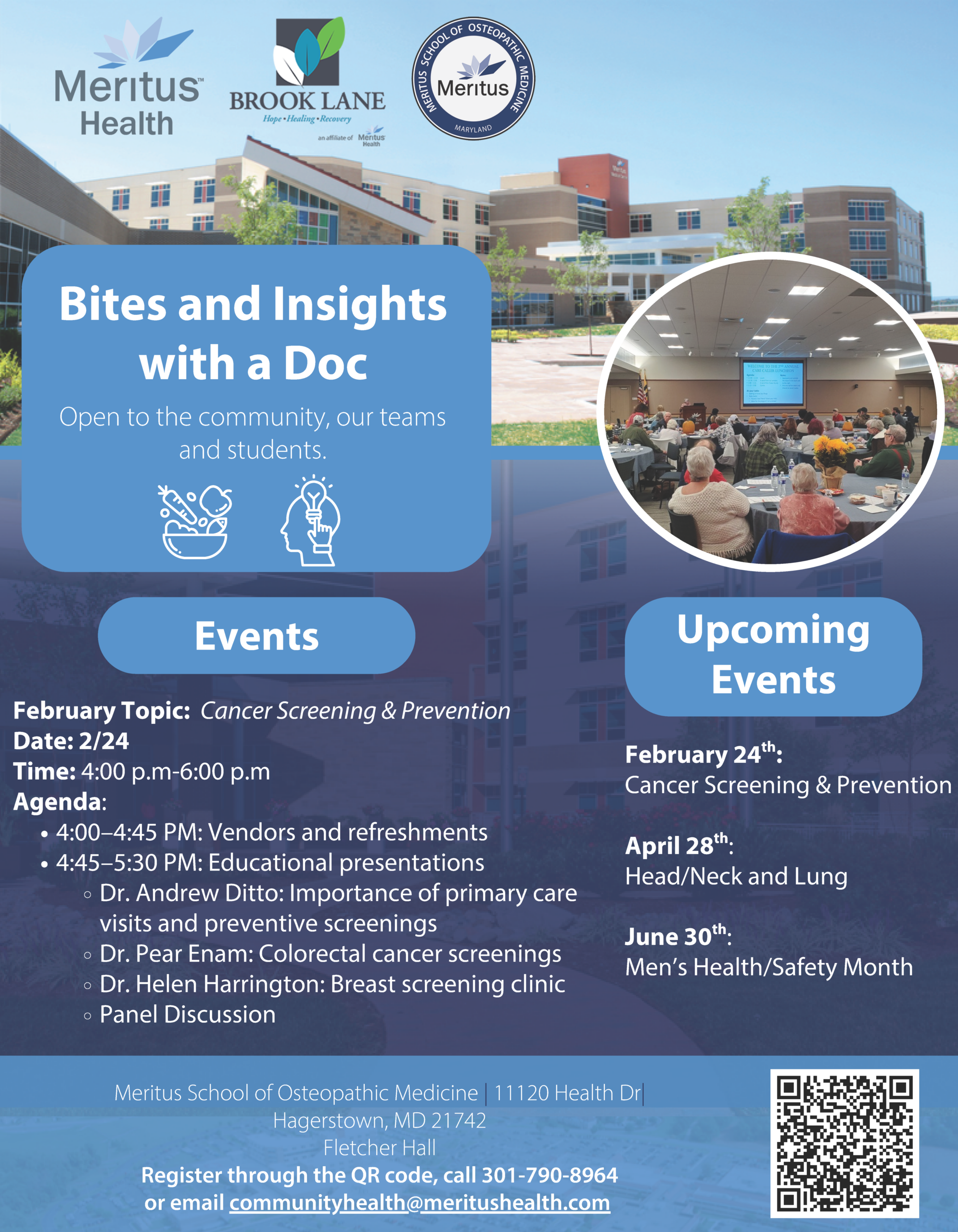 Bites and Insights with a Doc. Open to the community, our teams and students. February Topic: Cancer Screening & Prevention Date: 2/24 Time: 4:00 p.m-6:00 p.m Agenda: 4:00–4:45 PM: Vendors and refreshments 4:45–5:30 PM: Educational presentations Dr. Andrew Ditto: Importance of primary care visits and preventive screenings Dr. Pear Enam: Colorectal cancer screenings Dr. Helen Harrington: Breast screening clinic Panel