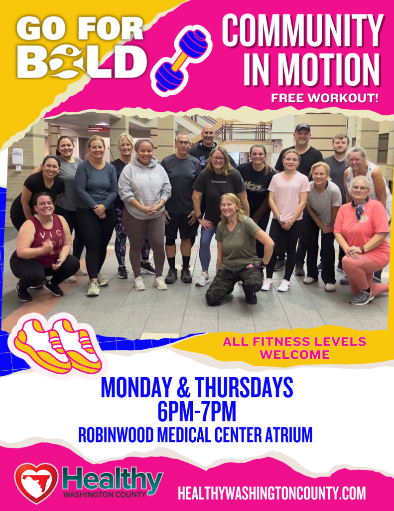 Go For Bold Community in Motion free workout! All fitness levels welcome. Monday & Thursdays from 6pm-7pm at Robinwood Medical Center Atrium. photo of exercise class participants standing next to each other.
