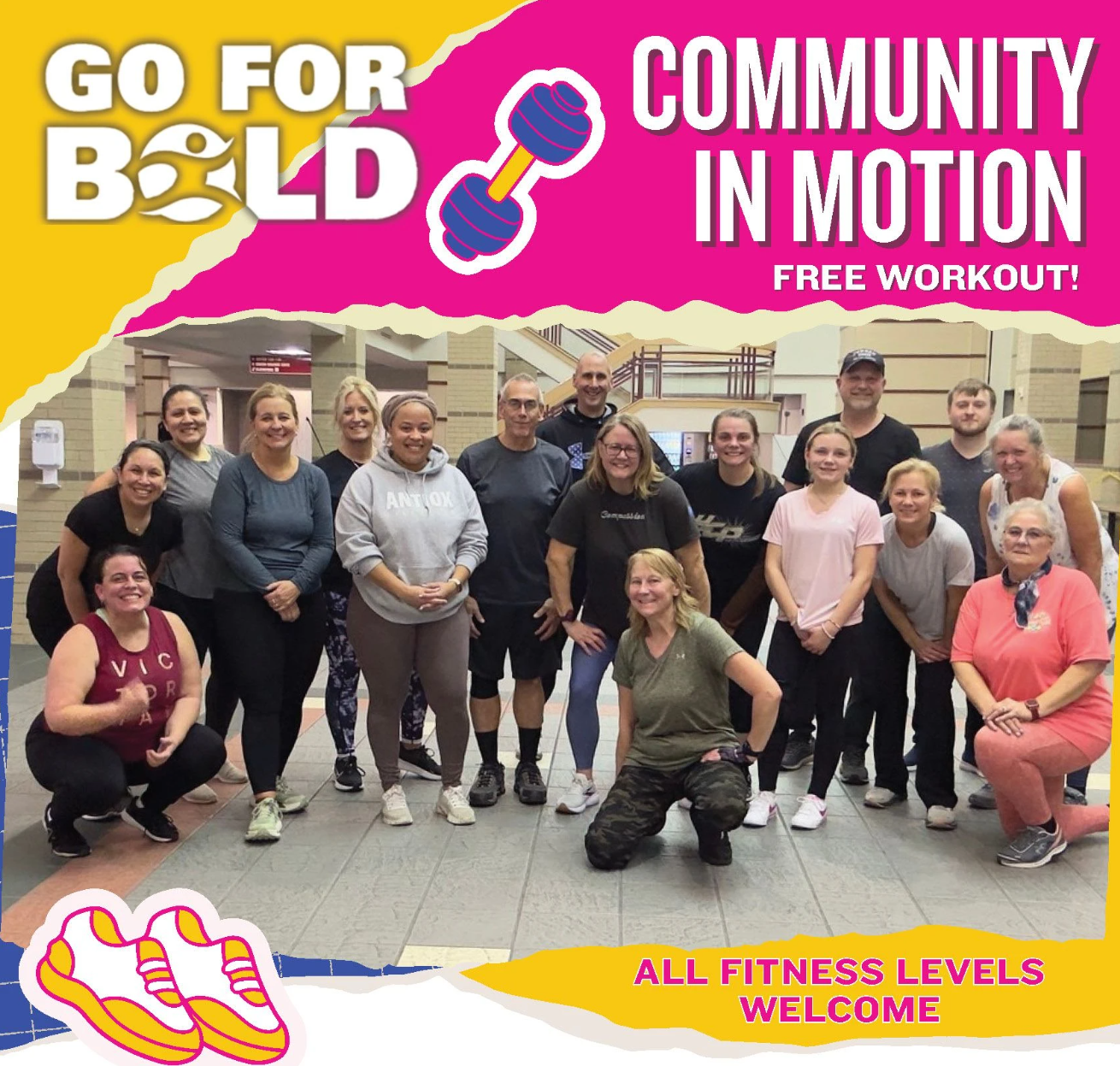 A group of people of various ages pose and smile in a gym. The promotional text says, 